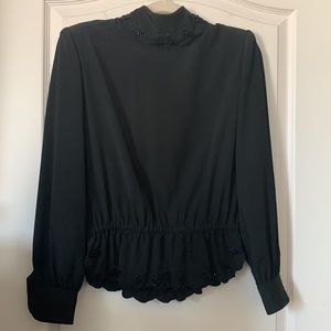 Vintage Italian haute couture blouse, black, hand beaded, smocked waist, size 46